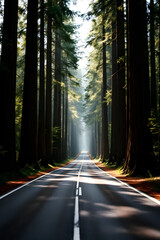Obraz premium Road Through Majestic Redwood Forest Serene Scenic Travel Journey