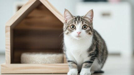 A curious tabby cat with white paws sits next to a wooden pet house on a bright, clean surface.