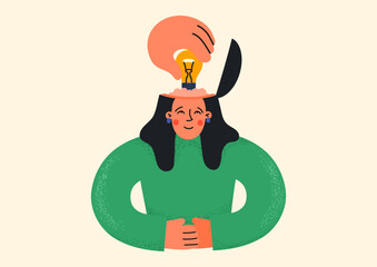 Hand puting a light bulb in woman head. Development of creative thinking, ability to generate new ideas, solve problems, learning and imaginate.
