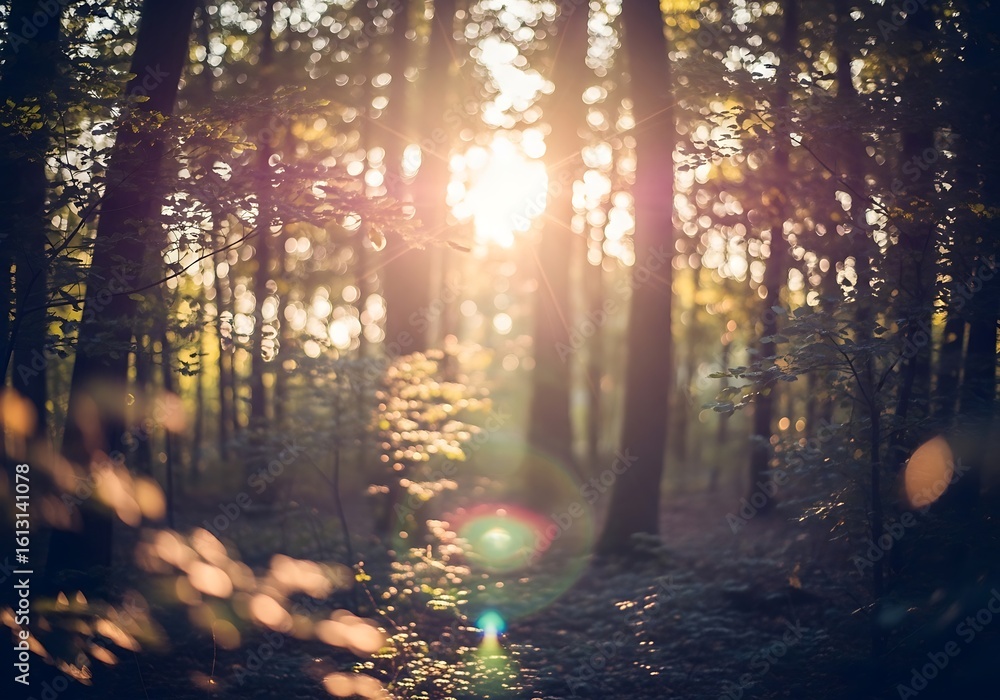 Poster sunlight filtering through the trees in a serene forest landscape scene