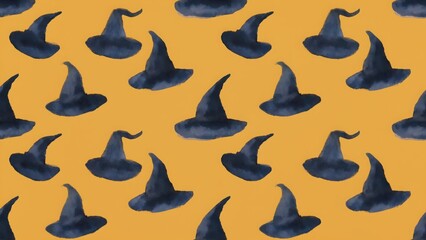 Seamless watercolor pattern with witch hat for Halloween