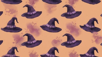 Seamless watercolor pattern with witch hat for Halloween