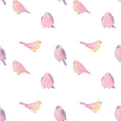 Watercolor seamless pattern with  pink birds  on white background. Hand drawn illustration