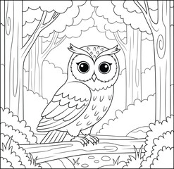 Cute Cartoon Owl Sitting on a Forest Log — Woodland Animal Coloring Page with Trees and Bushes for Kids