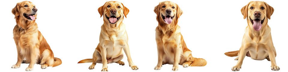 Fototapeta premium Four happy golden retriever dogs sitting and facing forward with tongues out.