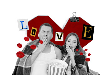 Illustration collage of young couple boyfriend girl yawning love story take nap eat popcorn while film watching isolated on pink background