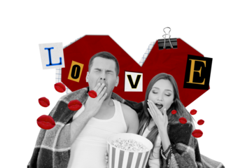Illustration collage of young couple boyfriend girl yawning love story take nap eat popcorn while film watching isolated on pink background