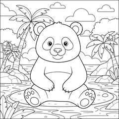 Cute Cartoon Panda Sitting by a Tropical River with Palm Trees and Rocks — Fun Jungle Animal Coloring Page for Kids