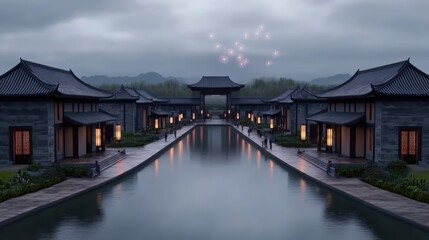 Fototapeta premium A serene waterway flanked by traditional architecture, illuminated by soft lantern light beneath a cloudy sky, features a festive vibe with fireworks in the distance, Ideal for travel, culture