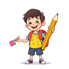 Fototapeta premium Cheerful schoolboy character holding a large pencil and paintbrush, symbolizing creativity in education. Back to school concept.