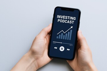 A finance podcast offers insights on money, markets, and planning. A person holds a smartphone with a rising bar chart and a play button on the screen.