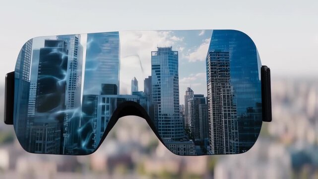 VR headset displaying city skyline - Powered by Adobe