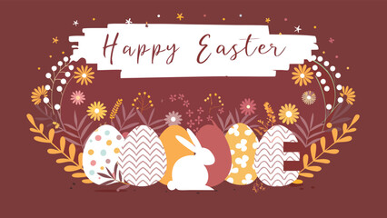 Happy easter illustration with decorated eggs, bunny and floral elements on a brown background color scheme