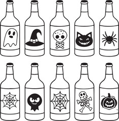 Set of Halloween themed black and white bottle icons with spooky designs for decoration and crafts