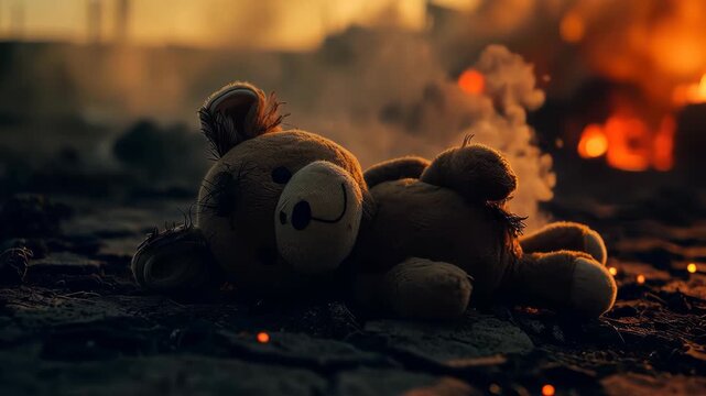 Soft children's toy bear lies on the scorched ground with smoke and fire in the background. Сoncept of war and destruction.