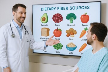 hospital nutrition consult supports patient recovery and health goals. A doctor explains dietary fiber sources to a patient