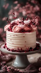 Beautifully decorated cake with pink roses and berries on a festive table