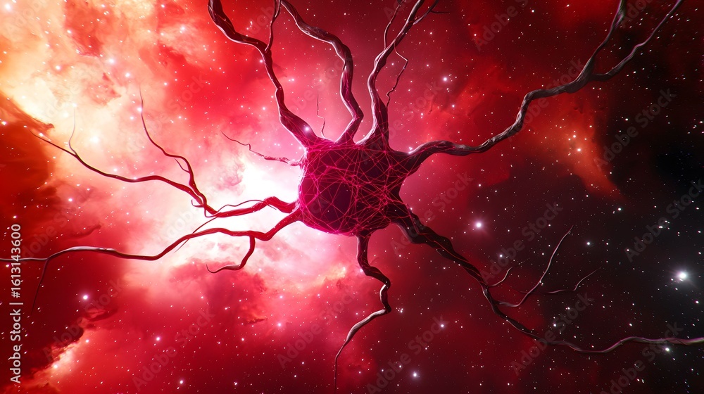 Poster a stylized, illuminated neuron stands out against a vibrant red nebula, with thin, branch-like dendr