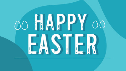 Happy easter text with easter eggs and a horizontal line on a background of abstract shapes in blue color