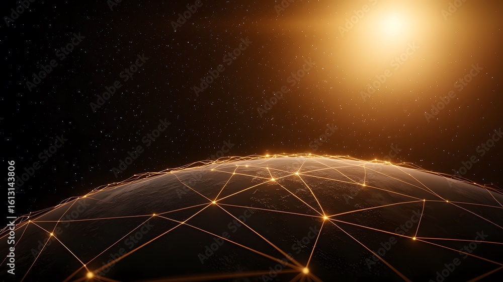 Poster the image depicts an interconnected network of bright golden lines stretched across a dark, space-li