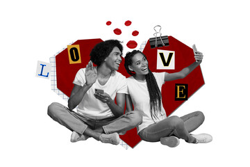 Collage photo banner love story bonding wife husband together selfie shooting cadre heart shape...