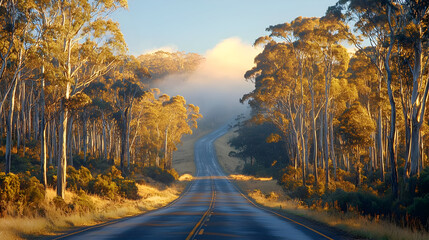 Obraz premium Scenic Sunrise Highway Winding Through Golden Eucalyptus Forest, Misty Hills in Background