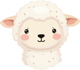A charming cartoon depiction of a fluffy white sheep's face, smiling.