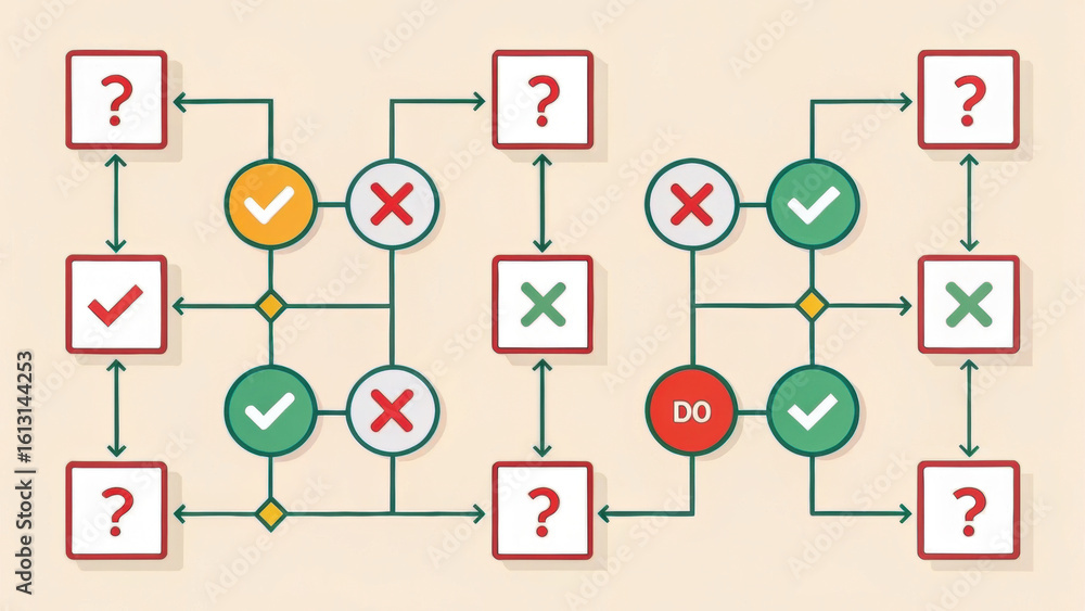 Poster flowchart illustrating ethical decision making processes with various icons representing choices and