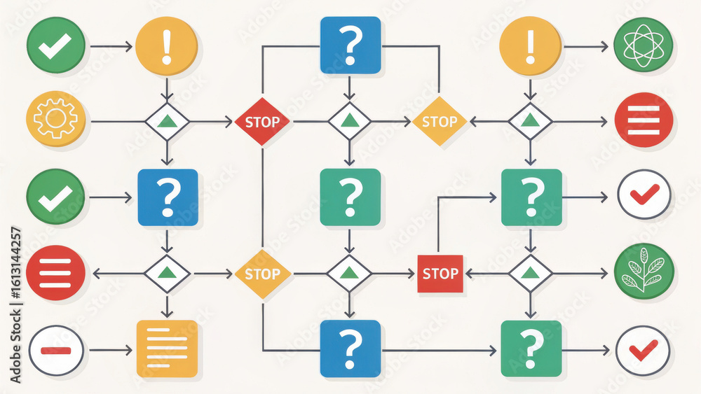 Poster flowchart illustrating ethical decision making processes with various icons representing choices and