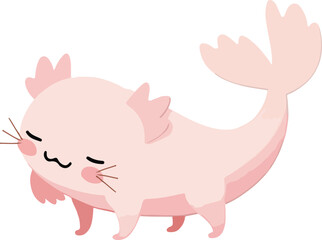 A cute, cartoon-styled, pink axolotl with closed eyes, walking.