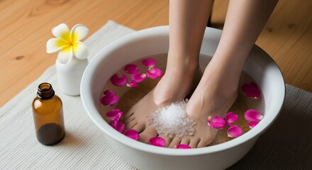 A person enjoying a simple and luxurious foot soak at home with epsom salts and flowers.