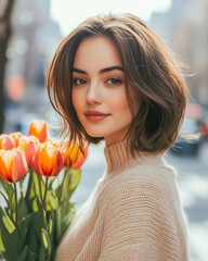Young beautiful caucasian woman with brown bob hairstyle smiling while holding vibrant tulips on sunny city street during springtime