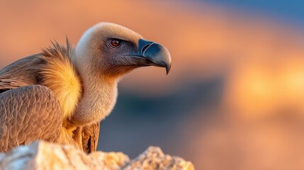 A close-up portrait of a vulture with striking features against a blurred sunset background, This image is perfect for wildlife publications, conservation awareness, or nature-themed projects,
