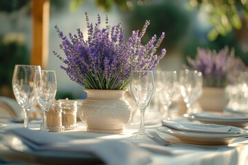 Table serving with plates, glasses and lavender flowers for elegant outdoor wedding dinner arrangements during golden hour near lush greenery
