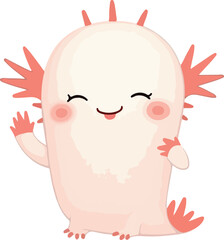 Cartoon axolotl character waving with a happy expression, showing its tongue.
