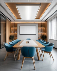 Modern conference room with large table and stylish seating in bright office