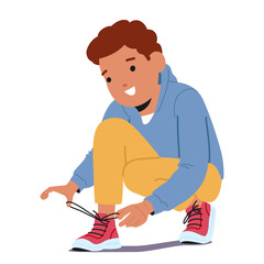 Happy boy child cartoon character successfully tying shoelaces on sneakers isolated on white