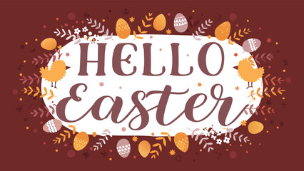 Hello easter design with chicks, eggs, and floral elements in a festive and colorful arrangement style