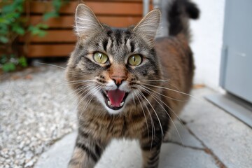 Cat displays playful excitement with wagging tail and tongue out under natural light in a backyard setting