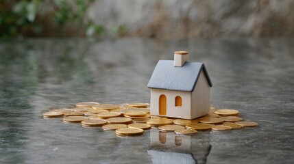 housing crisis, American dream, A small wooden house model sits surrounded by scattered gold coins on a reflective surface, symbolizing real estate investment or property value.