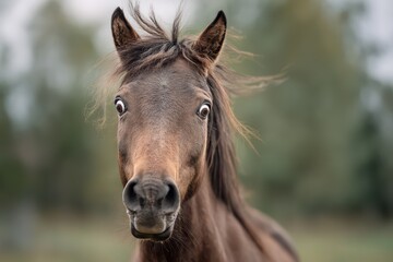 Confused horse with expressive eyes in a natural setting showcasing a moment of surprise amidst gentle surroundings