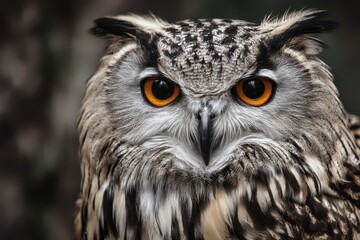 Obraz premium Intense and serious owl with striking orange eyes gazes intently, embodying a strong emotional presence in a natural habitat setting