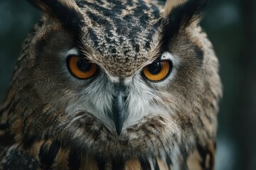 Obraz premium Intense gaze of an owl expressing deep focus and seriousness in a tranquil forest setting at dusk