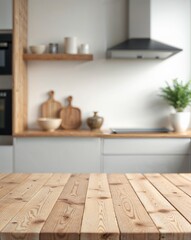 Empty wooden kitchen table with blurred modern Scandinavian kitchen in background. Natural light, neutral tones, clean design. Photorealistic mockup for product or food display