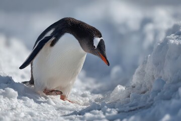 Fototapeta premium Penguin slips on ice while exploring snowy landscape, showcasing a moment of embarrassment in the wild