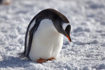 Penguin slipping on ice shows feelings of embarrassment in snowy environment