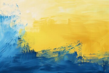Vibrant abstract painting showcasing dynamic blue and yellow hues blending seamlessly on textured canvas