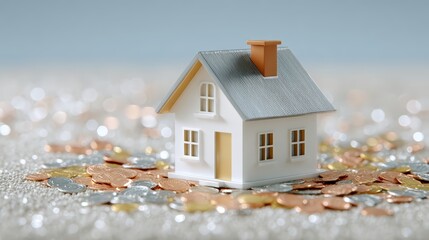 housing crisis, American dream, A miniature house model sits atop scattered coins, symbolizing real estate investment, property value, and financial growth.