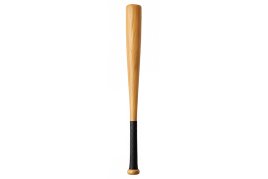 Classic wooden baseball bat with black grip, isolated on a transparent background, ready for action