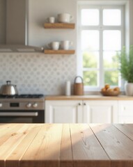Empty wooden kitchen table with blurred modern kitchen in background. Natural light, Photorealistic mockup for product or food display